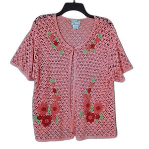 April Cornell Crochet Cardigan Pink Embroidered Floral Size Large